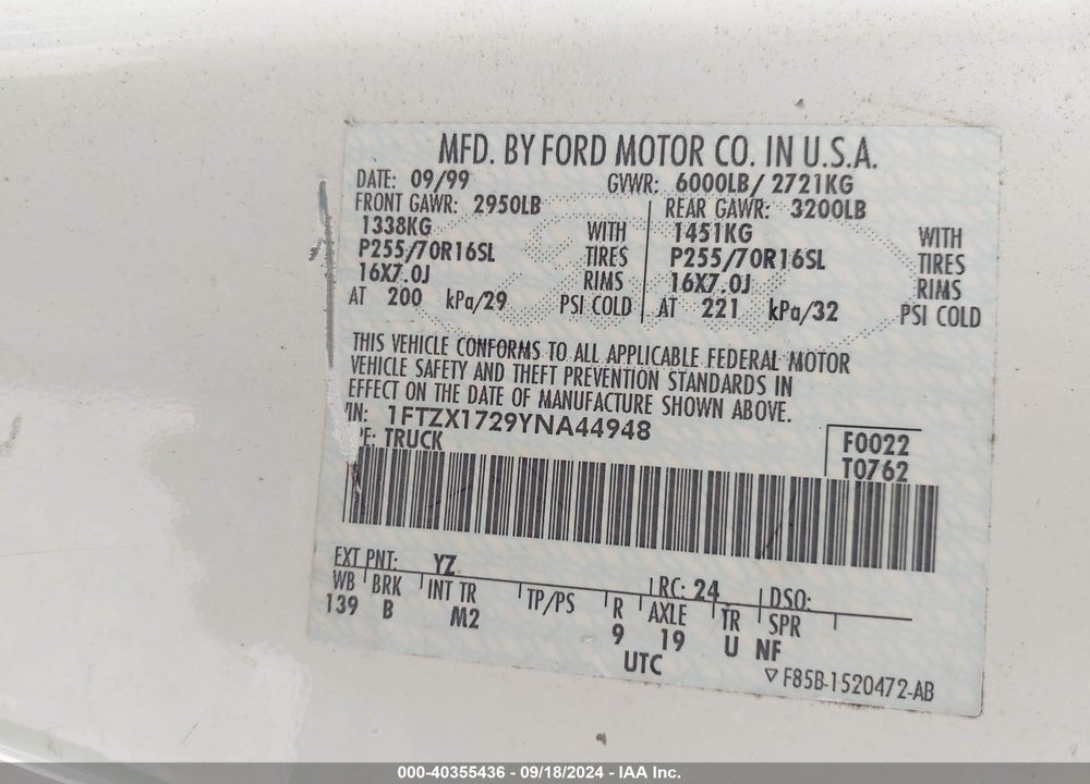 2000 FORD F-150 WORK SERIES/XL/XLT VIN: 1FTZX1729YNA44948