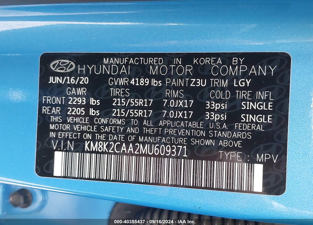 2021 HYUNDAI KONA SEL VIN: KM8K2CAA2MU609371