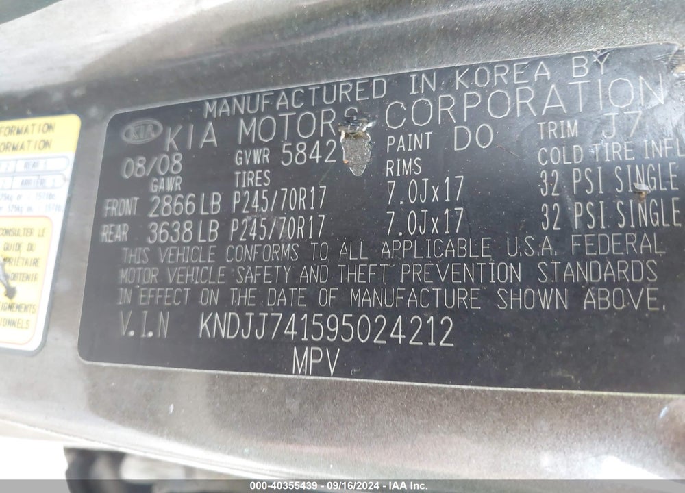 2009 KIA BORREGO EX V6 VIN: KNDJJ741595024212
