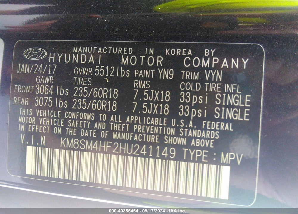 2017 HYUNDAI SANTA FE SE VIN: KM8SM4HF2HU241149