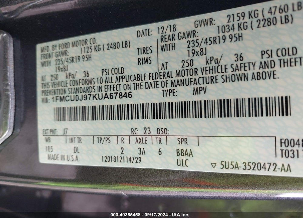 2019 FORD ESCAPE TITANIUM VIN: 1FMCU0J97KUA67846