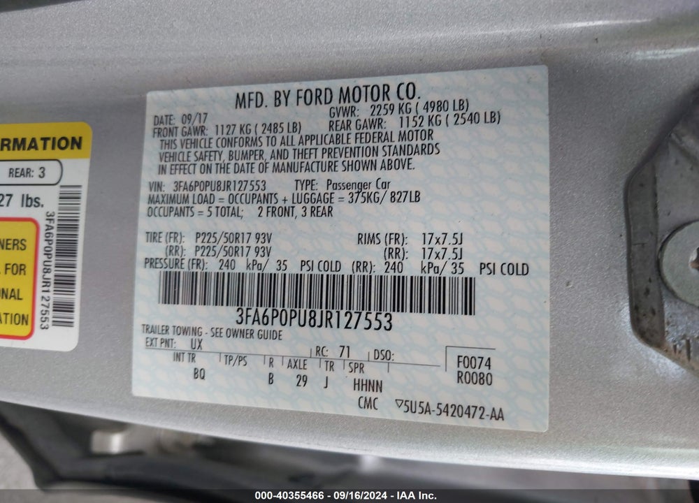 2018 FORD FUSION ENERGI SE LUXURY VIN: 3FA6P0PU8JR127553