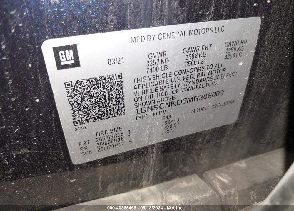 2021 CHEVROLET TAHOE 2WD LT VIN: 1GNSCNKD3MR308009