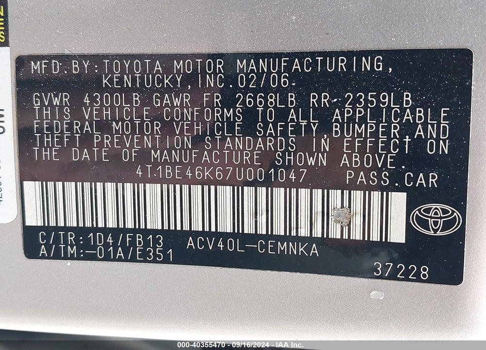 2007 TOYOTA CAMRY CE VIN: 4T1BE46K67U001047