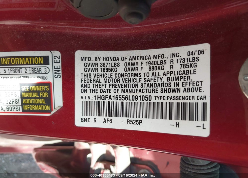 2006 HONDA CIVIC LX VIN: 1HGFA16556L091050