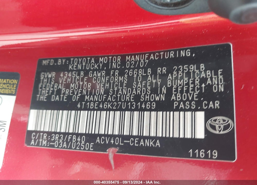 2007 TOYOTA CAMRY LE VIN: 4T1BE46K27U131469