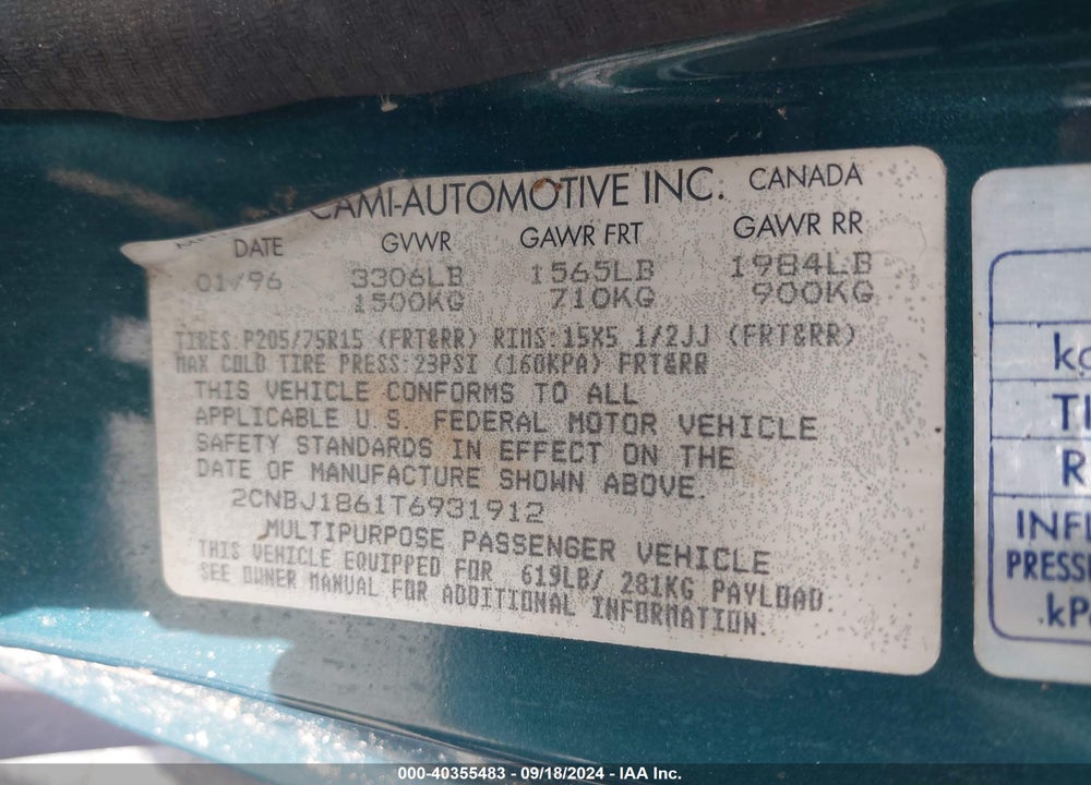 1996 GEO TRACKER VIN: 2CNBJ1861T6931912