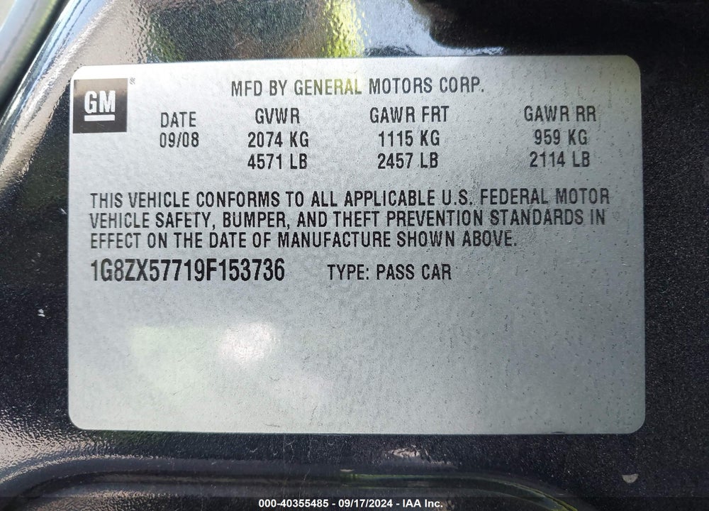 2009 SATURN AURA XR VIN: 1G8ZX57719F153736