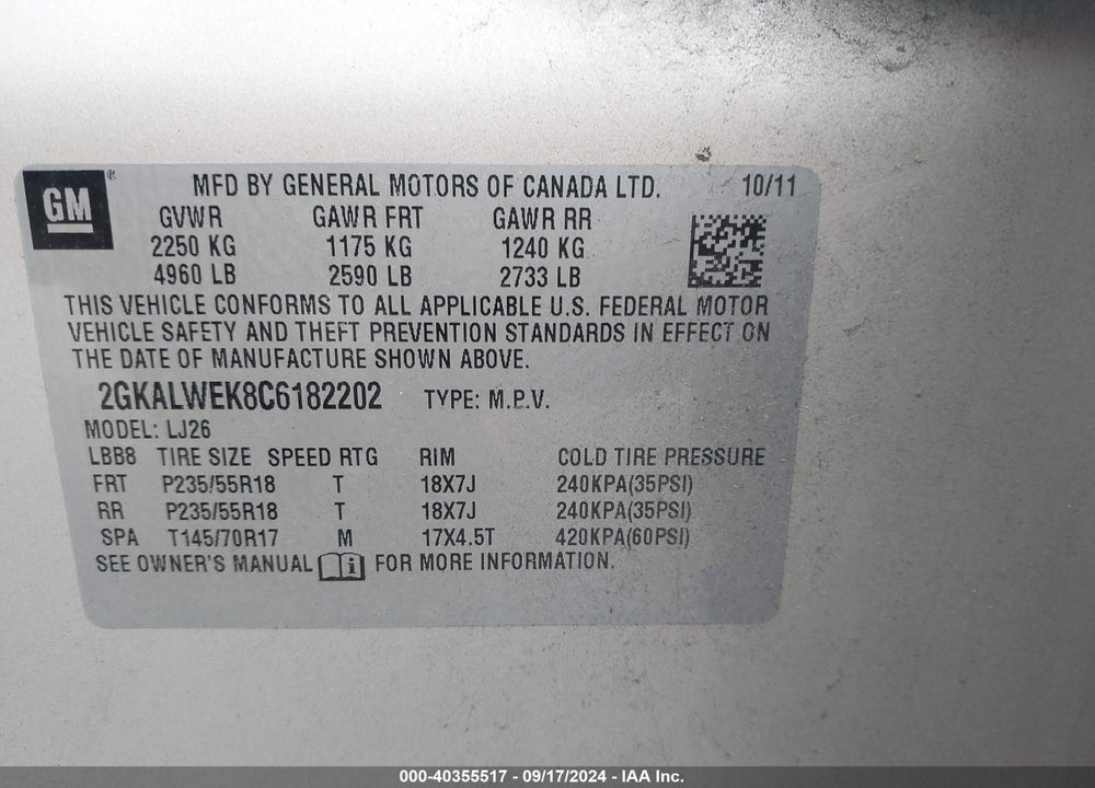 2012 GMC TERRAIN SLT-2 VIN: 2GKALWEK8C6182202