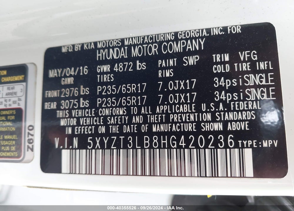 2017 HYUNDAI SANTA FE SPORT 2.4L VIN: 5XYZT3LB8HG420236
