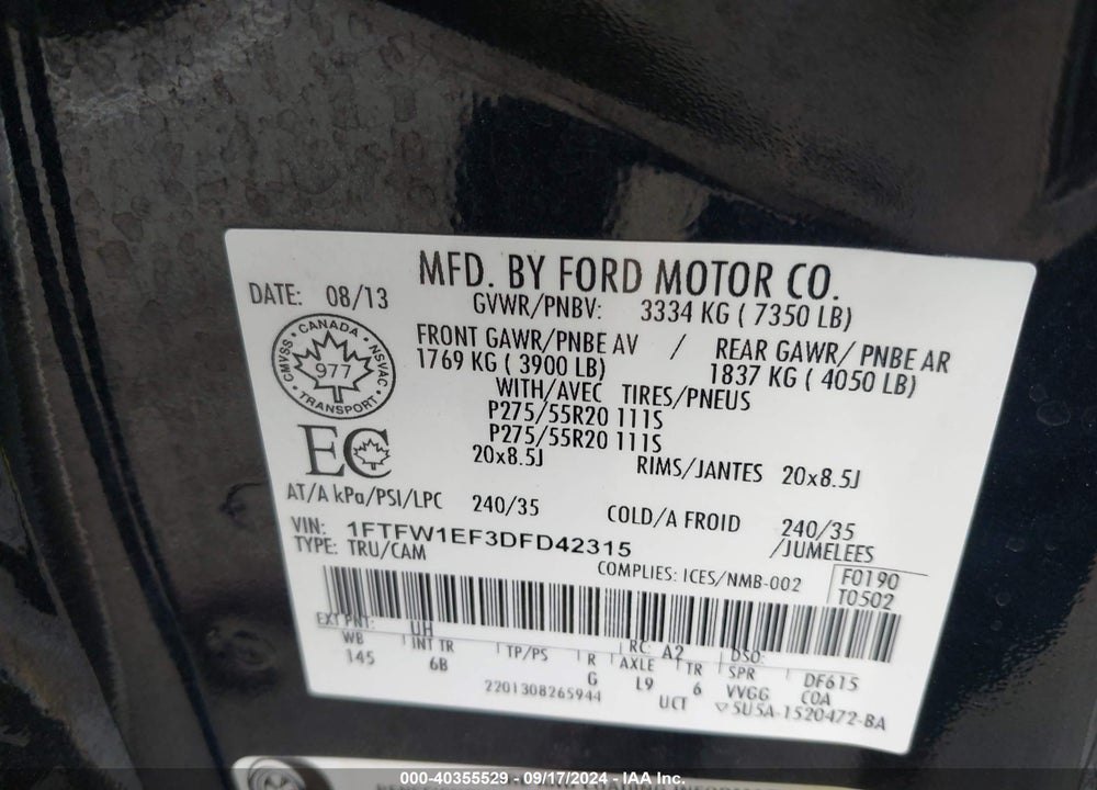 2013 FORD F-150 FX4 VIN: 1FTFW1EF3DFD42315