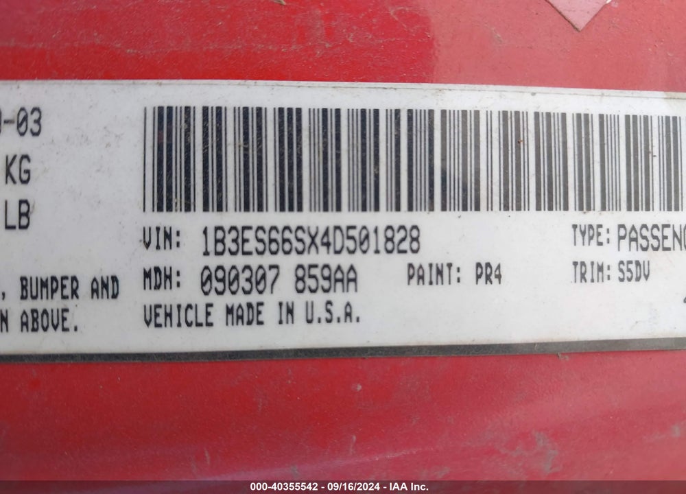 2004 DODGE SRT4 VIN: 1B3ES66SX4D501828