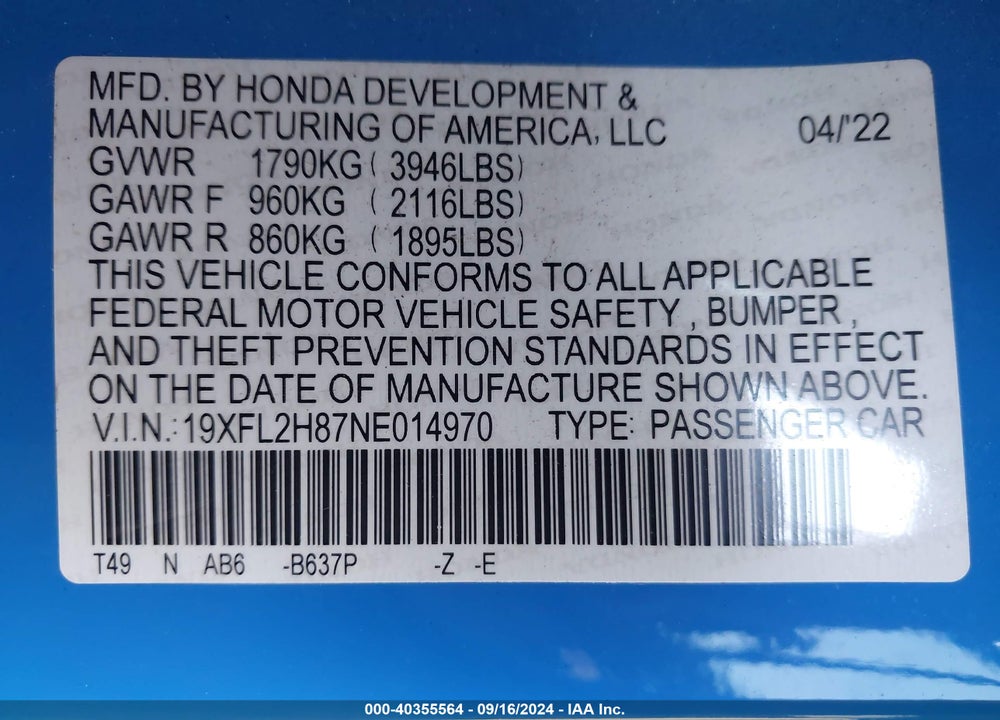 2022 HONDA CIVIC SPORT VIN: 19XFL2H87NE014970