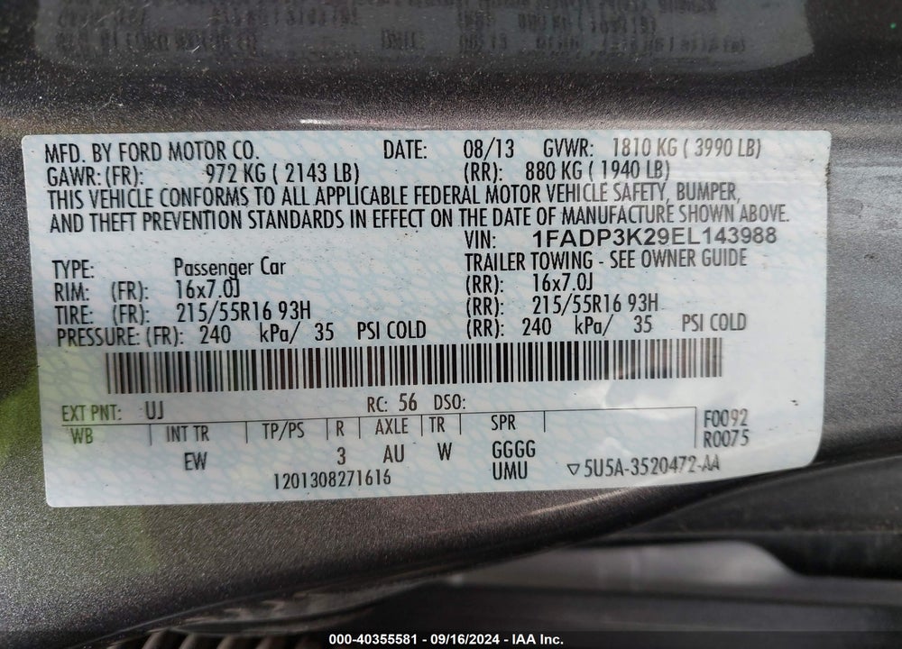 2014 FORD FOCUS SE VIN: 1FADP3K29EL143988
