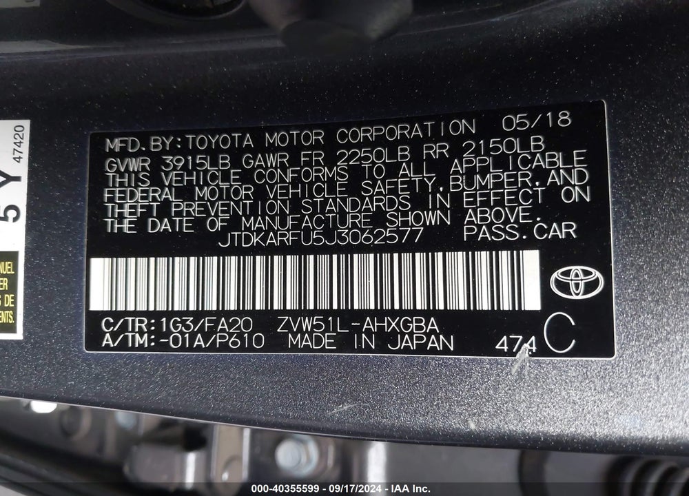 2018 TOYOTA PRIUS THREE VIN: JTDKARFU5J3062577