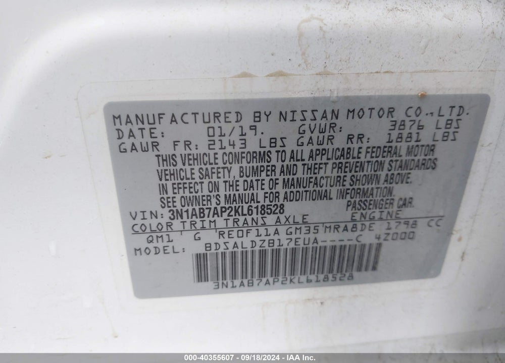 2019 NISSAN SENTRA SV VIN: 3N1AB7AP2KL618528