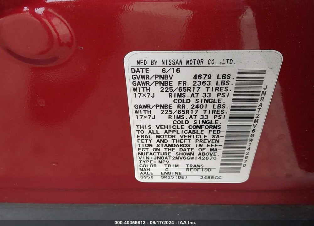 2016 NISSAN ROGUE S VIN: JN8AT2MV6GW142670