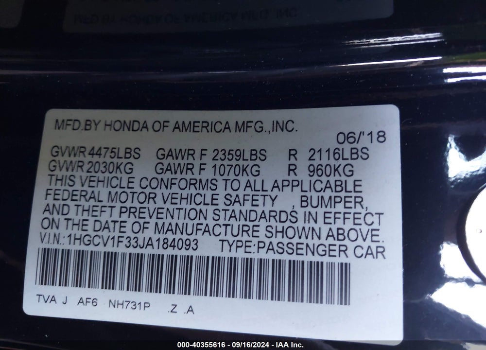 2018 HONDA ACCORD SPORT VIN: 1HGCV1F33JA184093