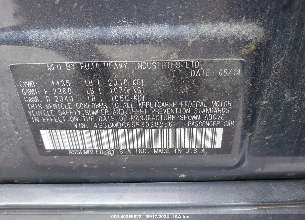 2014 SUBARU LEGACY 2.5I PREMIUM VIN: 4S3BMBC65E3038256