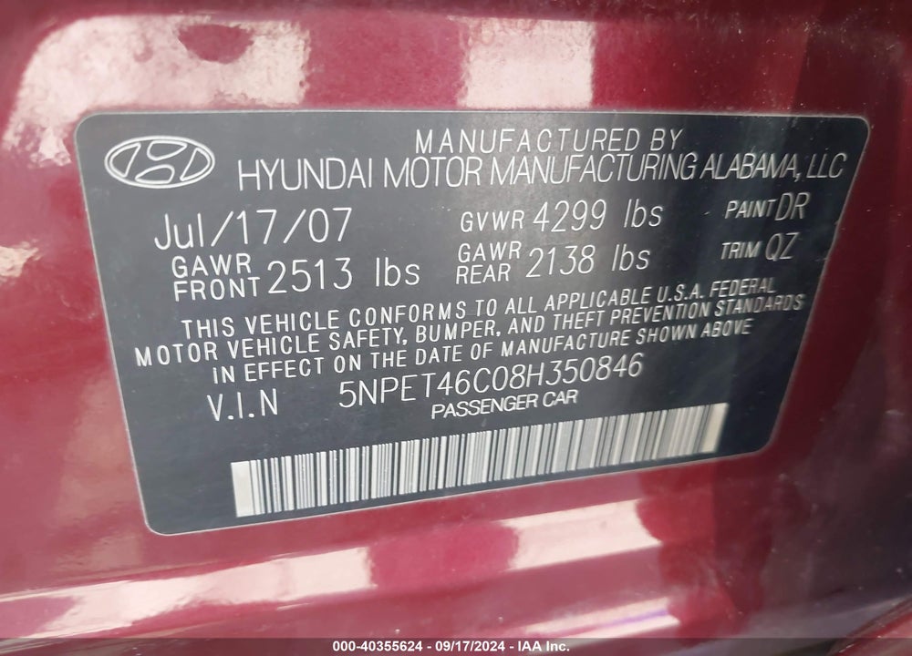 2008 HYUNDAI SONATA GLS VIN: 5NPET46C08H350846