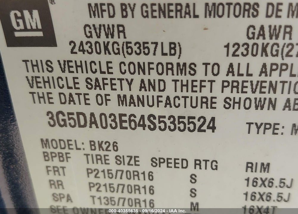 2004 BUICK RENDEZVOUS CX VIN: 3G5DA03E64S535524