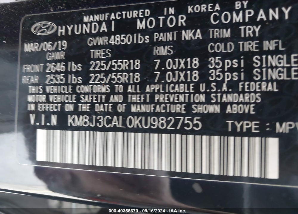 2019 HYUNDAI TUCSON SEL VIN: KM8J3CAL0KU982755