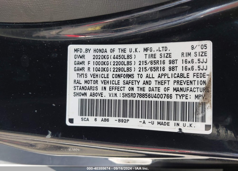2006 HONDA CR-V EX VIN: SHSRD78856U400766