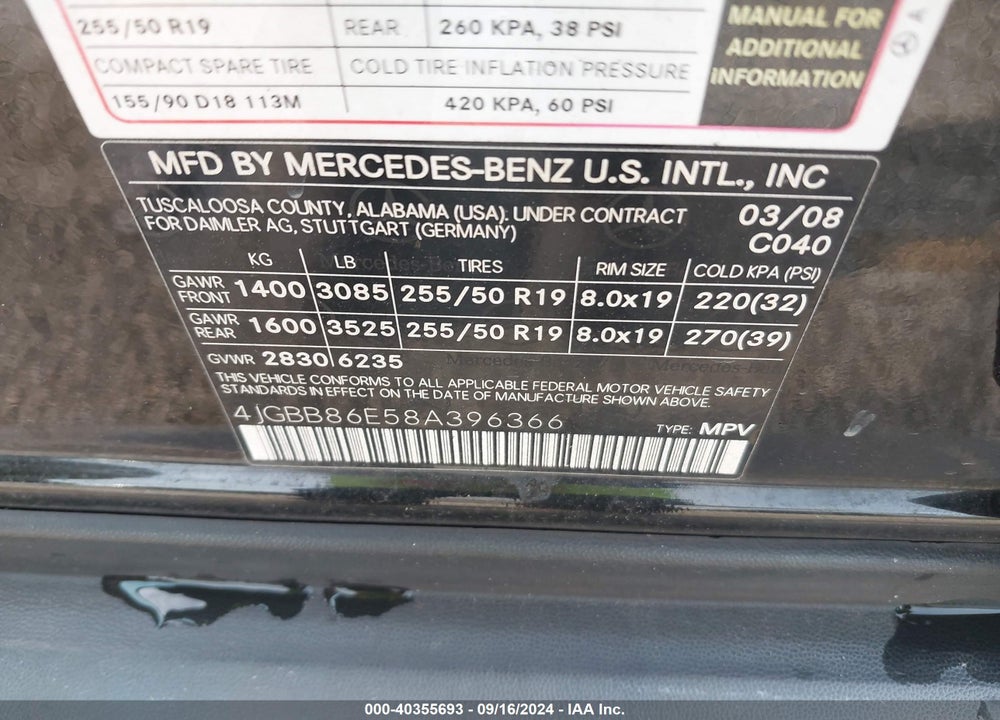 2008 MERCEDES-BENZ ML 350 4MATIC VIN: 4JGBB86E58A396366