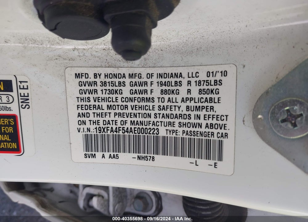 2010 HONDA CIVIC GX VIN: 19XFA4F54AE000223