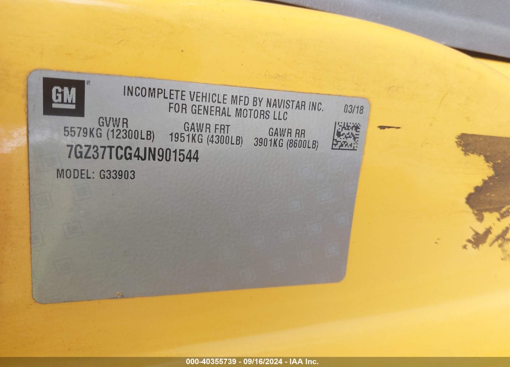 2018 GMC SAVANA CUTAWAY WORK VAN VIN: 7GZ37TCG4JN901544