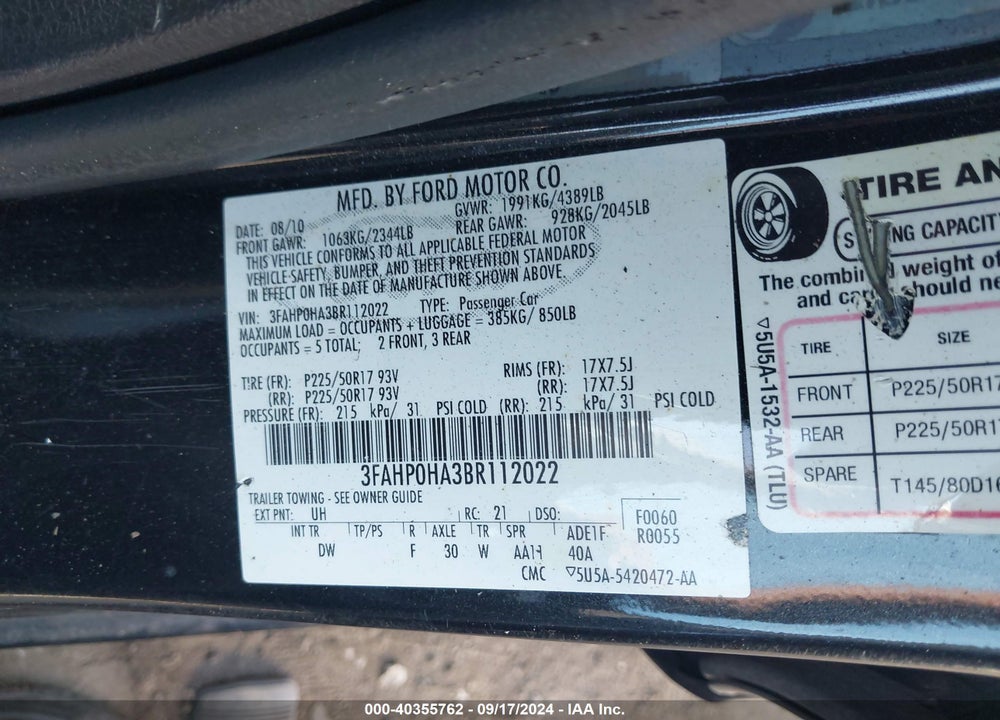 2011 FORD FUSION SE VIN: 3FAHP0HA3BR112022