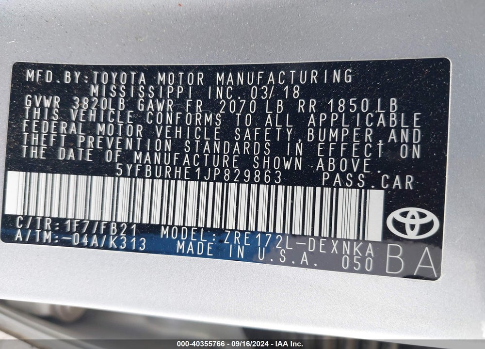 2018 TOYOTA COROLLA LE VIN: 5YFBURHE1JP829863