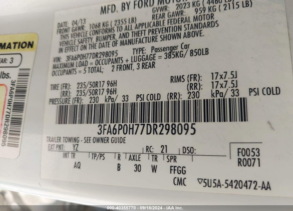 2013 FORD FUSION SE VIN: 3FA6P0H77DR298095