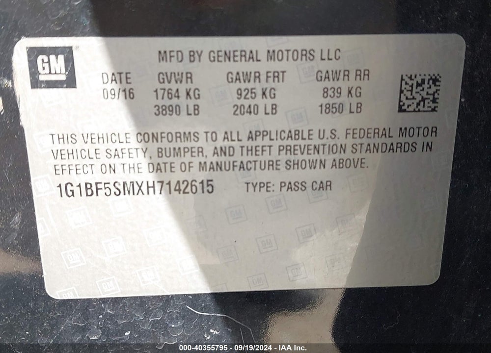 2017 CHEVROLET CRUZE PREMIER AUTO VIN: 1G1BF5SMXH7142615