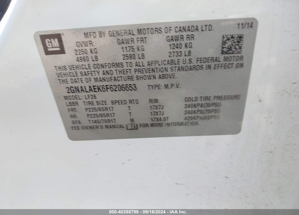 2015 CHEVROLET EQUINOX LS VIN: 2GNALAEK6F6206653