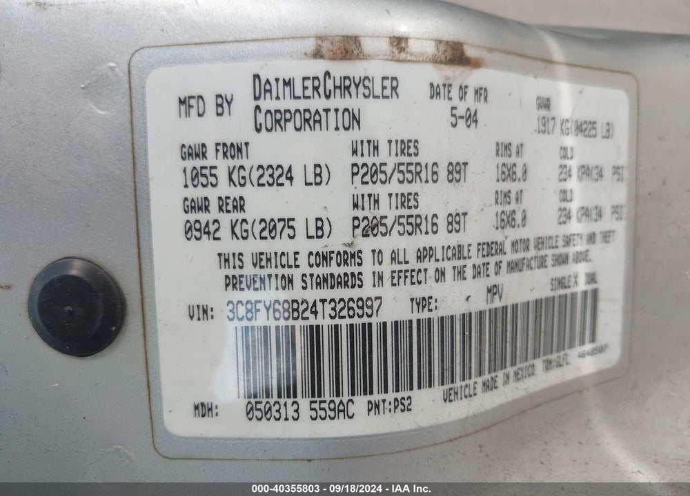 2004 CHRYSLER PT CRUISER LIMITED VIN: 3C8FY68B24T326997