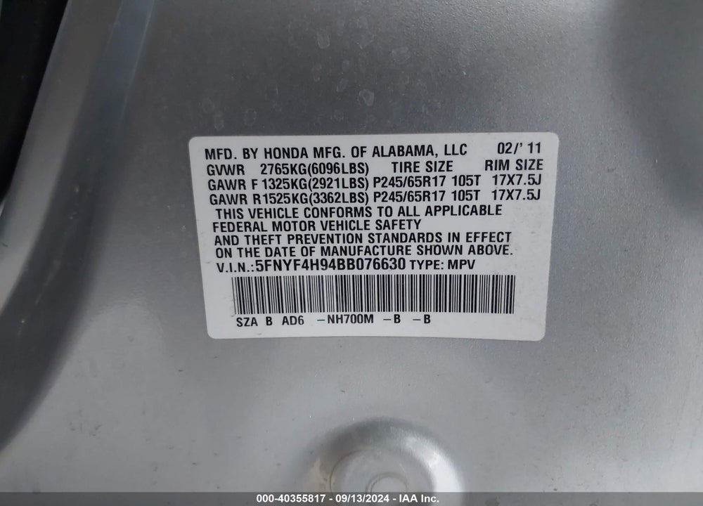 2011 HONDA PILOT TOURING VIN: 5FNYF4H94BB076630
