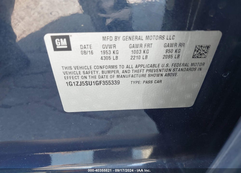 2016 CHEVROLET MALIBU HYBRID VIN: 1G1ZJ5SU1GF355339