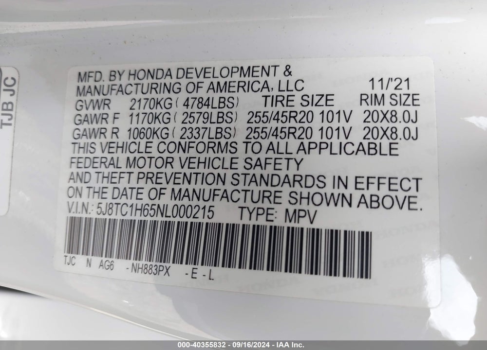 2022 ACURA RDX A-SPEC PACKAGE VIN: 5J8TC1H65NL000215