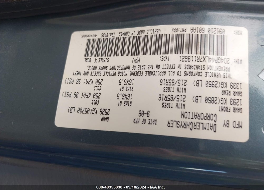 2007 DODGE GRAND CARAVAN SXT VIN: 2D4GP44LX7R119621