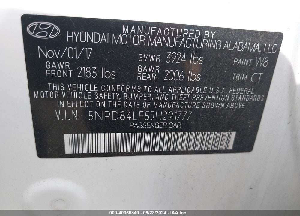 2018 HYUNDAI ELANTRA SEL VIN: 5NPD84LF5JH291777
