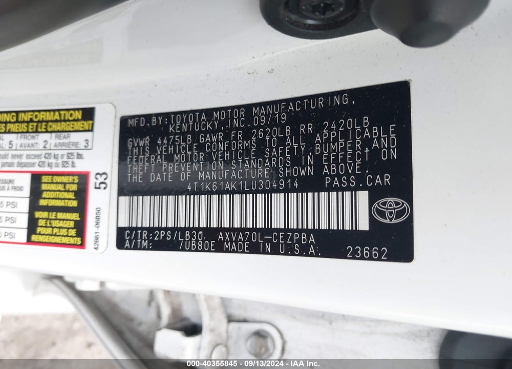 2020 TOYOTA CAMRY XSE VIN: 4T1K61AK1LU304914