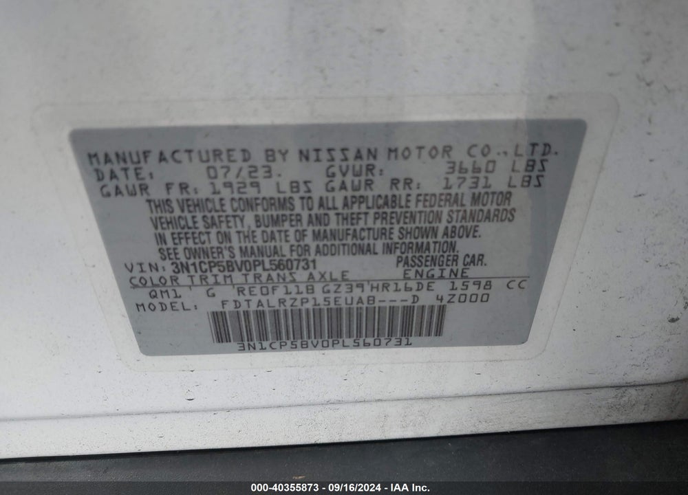 2023 NISSAN KICKS S XTRONIC CVT VIN: 3N1CP5BV0PL560731