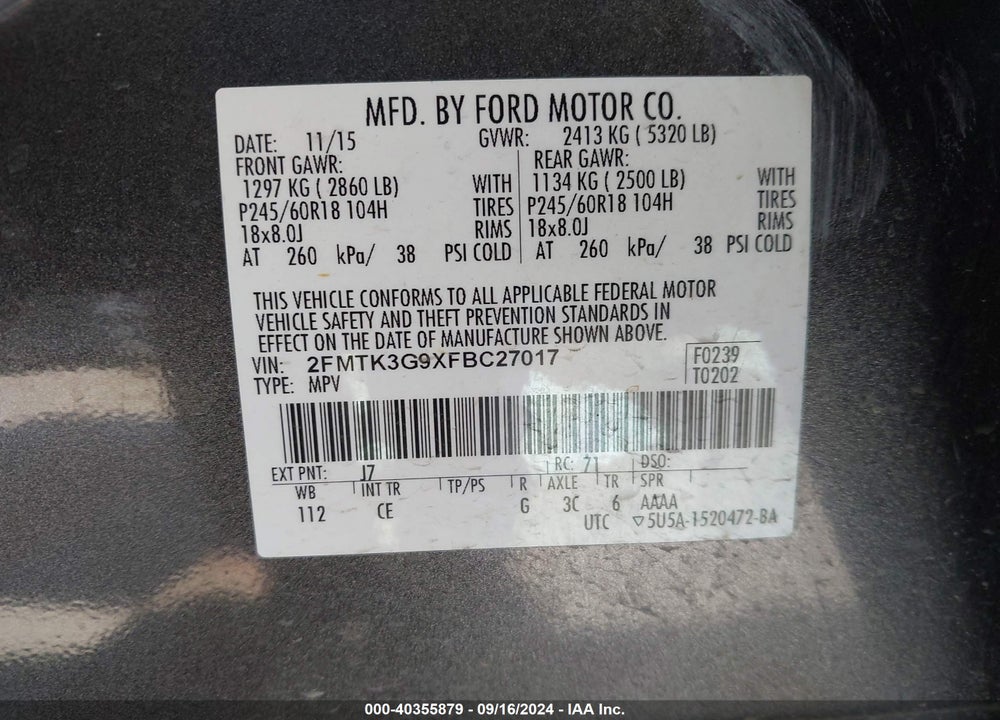 2015 FORD EDGE SE VIN: 2FMTK3G9XFBC27017