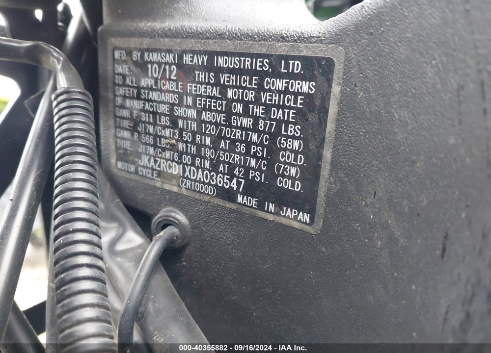 2013 KAWASAKI ZR1000 D VIN: JKAZRCD1XDA036547