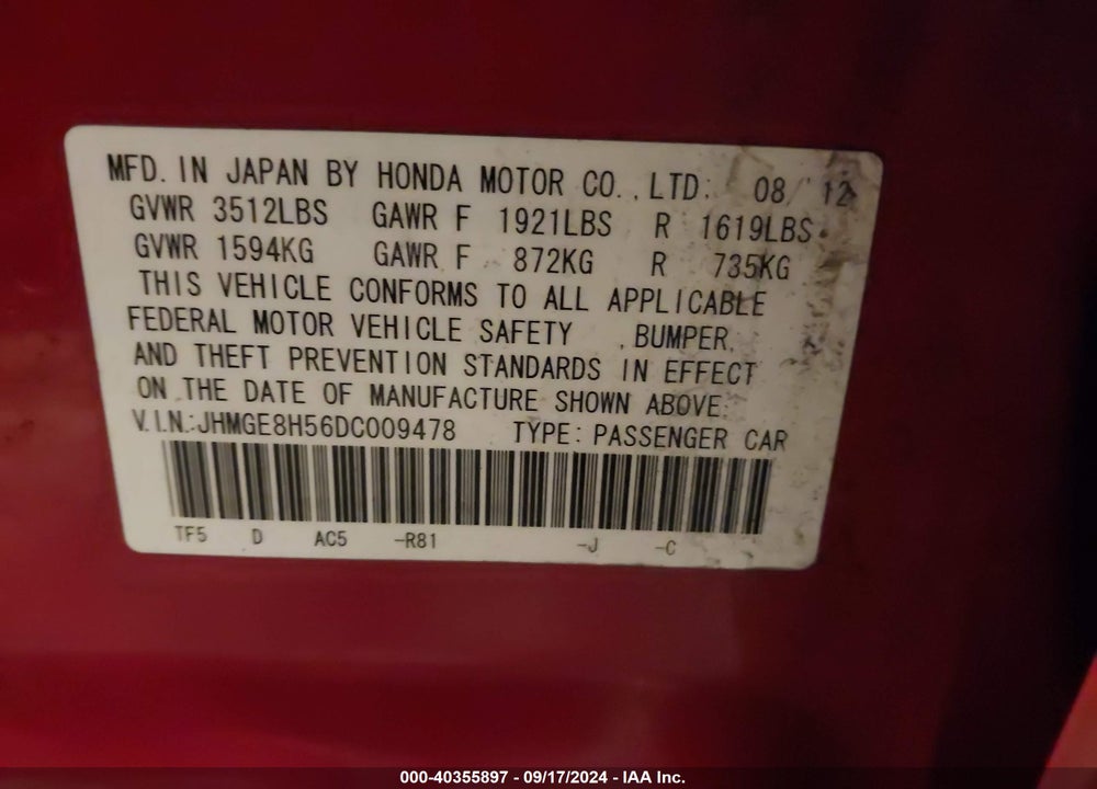 2013 HONDA FIT SPORT VIN: JHMGE8H56DC009478