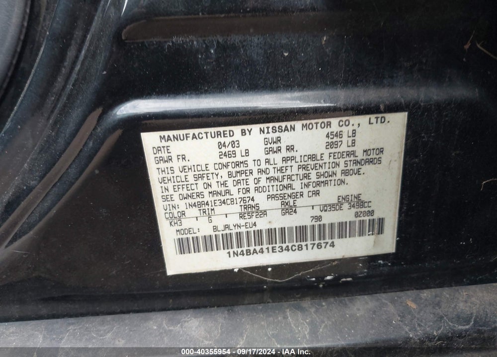 2004 NISSAN MAXIMA 3.5 SE VIN: 1N4BA41E34C817674