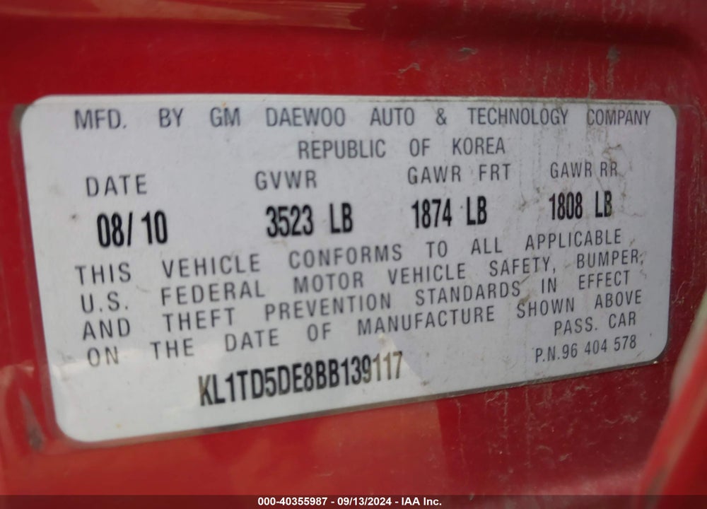 2011 CHEVROLET AVEO 1LT VIN: KL1TD5DE8BB139117