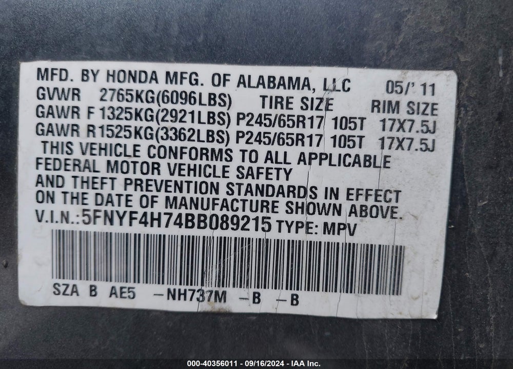 2011 HONDA PILOT EX-L VIN: 5FNYF4H74BB089215