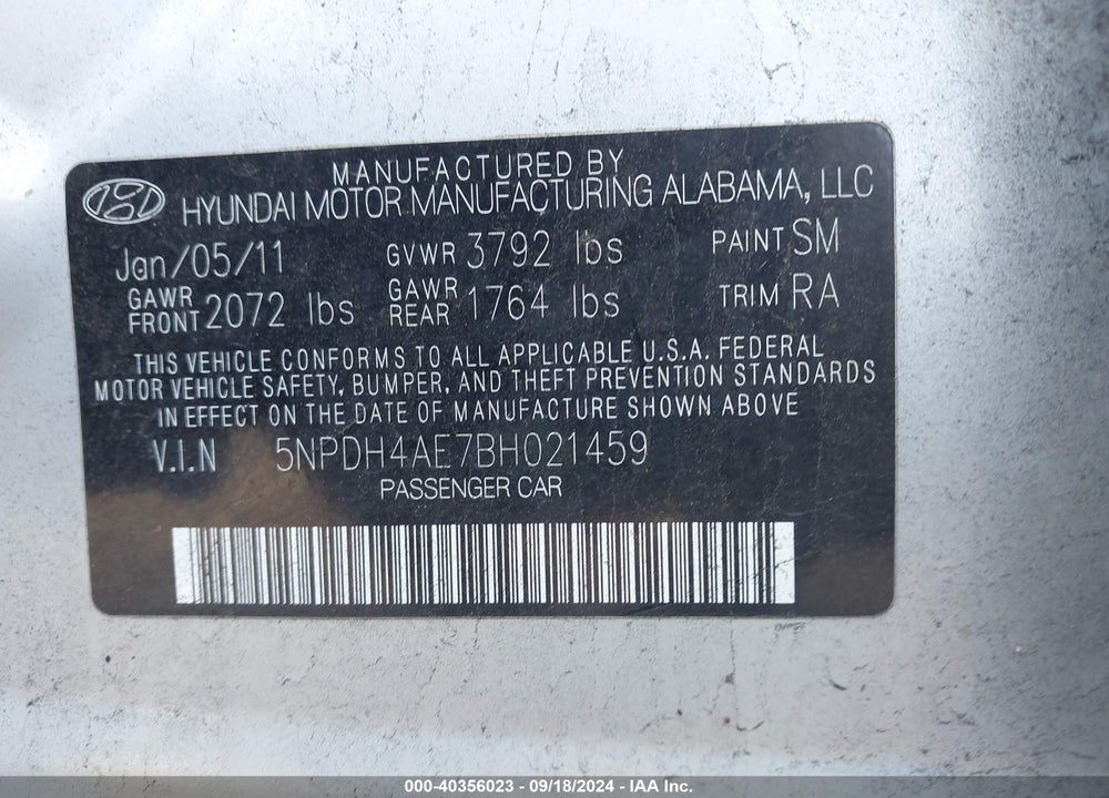 2011 HYUNDAI ELANTRA GLS VIN: 5NPDH4AE7BH021459